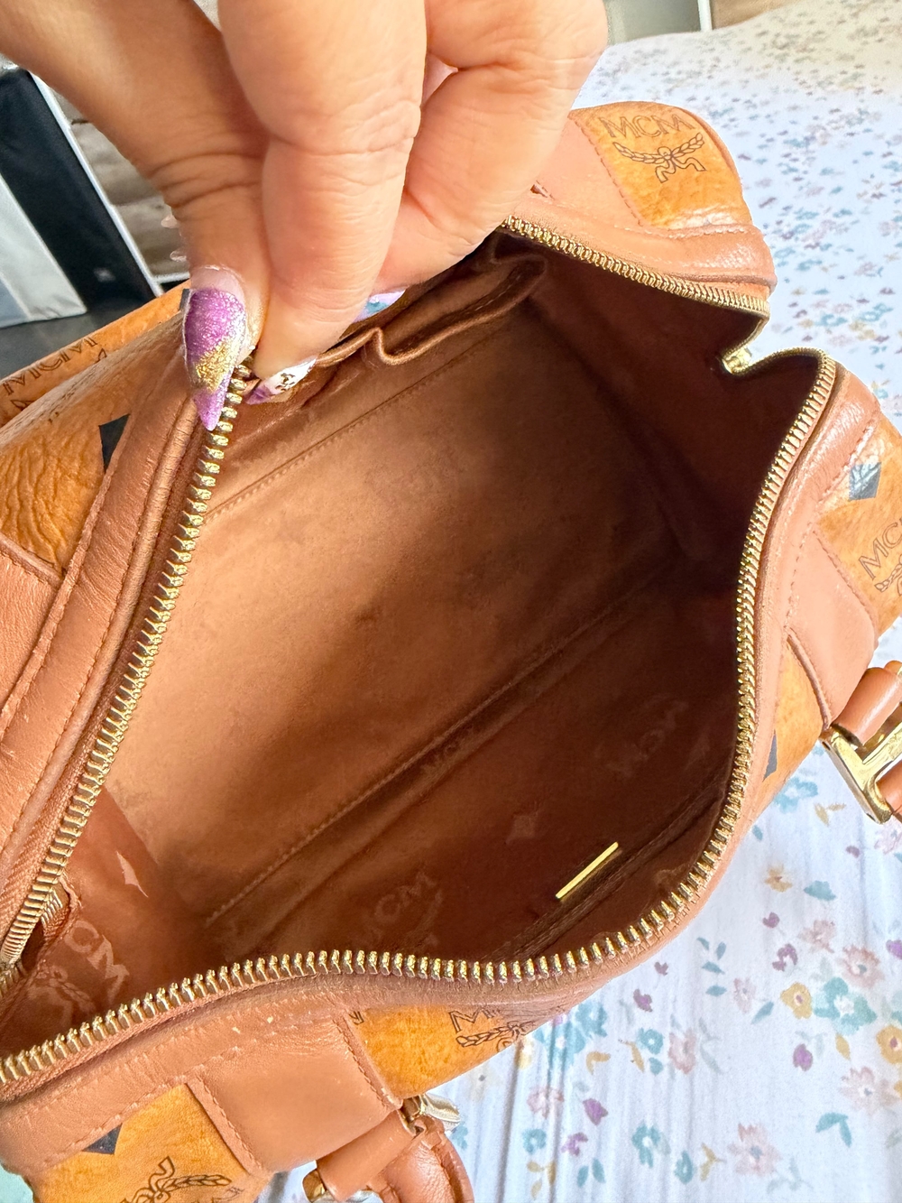 MCM Cognac Visetos Mini Satchel in Tan Leather Trim - Picture 6 of 10
